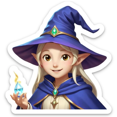 Clash of Clans aesthetic Playful Mage Portrait Emoji, Head tilted with a mischievous glimmer and subtle enchanting smile, featuring a compact, gracefully robed form with a pointed wizard hat and twinkling eyes in natural skin tone, Simplified yet irresistibly charming features, highly detailed, glowing with a warm, inviting magical glow, high shine, spirited and imaginative, stylized with a touch of whimsical sorcery, soft glowing outline, capturing the essence of a playful mage exuding friendly arcane wonder! sticker