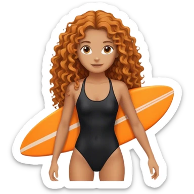 Surfer girl with black swimsuit and orange surfboard and long curly hair sticker