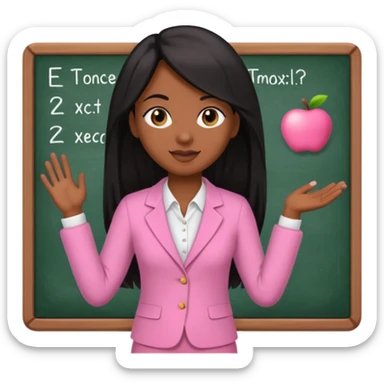 a brown skin teacher with hair with black straight long hair wearing pink not hot pink 2 piece set teaching up on a board the board  sticker