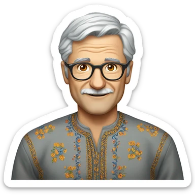 European gray-haired man in a Ukrainian embroidered shirt, glasses, no mustache sticker