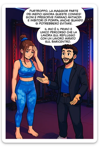 TRASFORMA QUESTO CAROSELLO IN UN FUMETTO STILE WEBTOON/MANGA A COLORI CON QUESTE DUE PERSONE IDENTICHE CHE INTERLOQUISCONO TRA LORO, L'uomo sta spiegando alla donna questo concetto MENTRE LA DONNA SI TIENE la mano sulla fronte sconcertata:

LUI (UOMO): Purtroppo, la maggior parte dei medici ignora queste connessioni e prescrive farmaci antiacidi e inibitori di pompa, anche quando si potrebbero evitare.
Il mio è il primo e unico percorso che lavora sul reflusso con un lavoro mirato sul baricentro; sticker