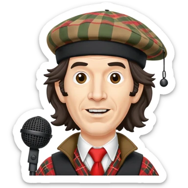 Nardwuar with his iconic tam o' shanter hat and microphone sticker