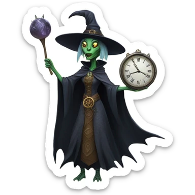 a Reptilian alien woman, as witch, holding holding a big clock, full body sticker