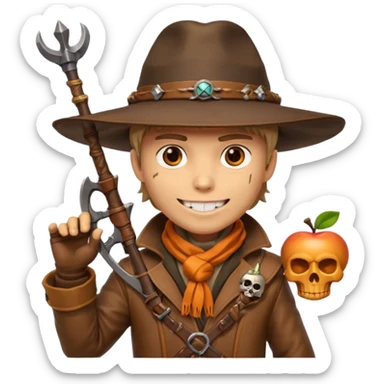 male human monster hunter emoji, wearing brown leather coat and wide hat, holding crossbow, with amulet shaped like skull, Halloween fantasy theme, confident smile, orange scarf, Apple emoji style, clean white background, square image sticker