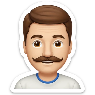 white man with parted brown hair and a thick mustache in the stock ios emoji style. he is smiling and his hair is a bit unkempt sticker