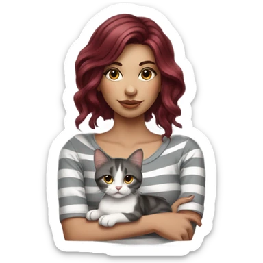 Beautiful burgundy haired tattooed woman holding gray and white striped long hair cat sticker