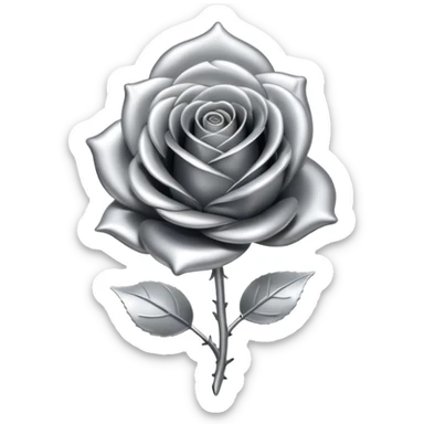 A rose emoji made of liquid silver metal, smooth metallic petals, reflective chrome surface, soft gradients, elegant shape, minimalistic iOS emoji style, centered, clean white background, realistic highlights, no text sticker