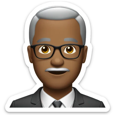 Dwayne Hunter  with small round face and suit and glasses and buzz cut and small black eyes and small gray beard and small black eyes and wrinkled forehead sticker