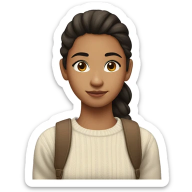 A 15 year old girl who is wearing a black and white sweater and has light brown skin, dark hair in ponytail, and has dark brown eyes sticker