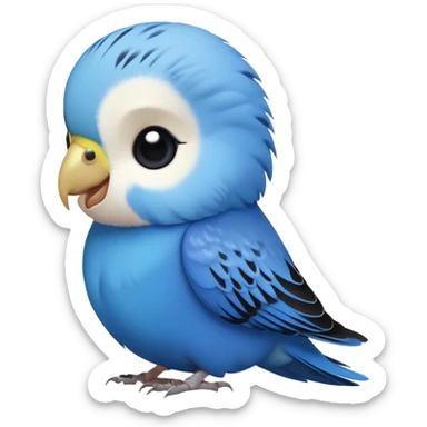 cinematic-cute-blue-budgie-portrait-emoji,-head-tilted-playfully-and-inquisitively,-featuring-a-brilliant-blue-feathered-fur-and white and black face-with-a-natural-sheen,-round,-sparkling-dark-eyes-filled-with-curiosity,-simplified-yet-irresistibly-adorable sticker