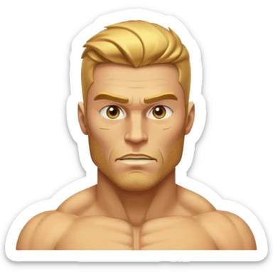 A hyper-realistic, fully golden Gigachad with reflective 24k gold skin, sharp chiseled jaw, golden stubble, blank eyes, and one raised eyebrow. He is shown from the chest up, facing front, with a shiny, muscular physique resembling the Silver Surfer in gold sticker