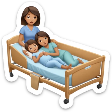 a mom laying down in a “C” position laying close to the she of the bed by her daughters bassinet while still trying to reach far back with her foot to touch her husband  sticker