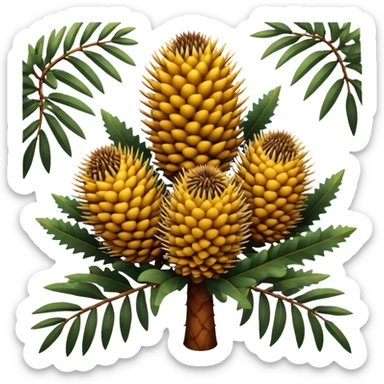Cinematic Realistic Banksia Emoji, Bold and striking, with spiky, cylindrical flower heads covered in rich golden hues. The leaves are thick and leathery, adding a sense of strength to this unique and iconic tree. Soft glowing outline, capturing the essence of Australian ruggedness and floral beauty in a distinctive banksia tree! sticker