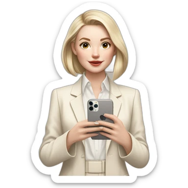 pale skin woman with ash blonde Straightened bob Hair, White Spacious classical jacket, beige palazzo Arrow pants and gray blouse holding white IPhone 15 pro in the hands sticker