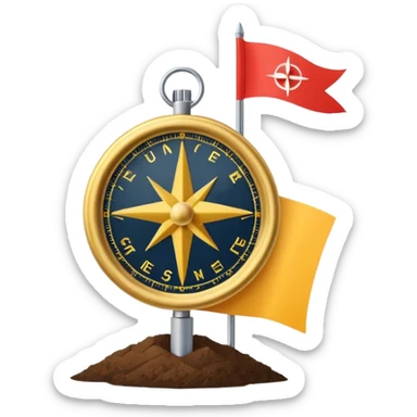 A minimal emoji of a compass pointing toward a planted flag. Flat design, confident colors, modern emoji style. Represents choosing direction and seeing it through to completion. Avoid corporate or motivational poster aesthetics. sticker