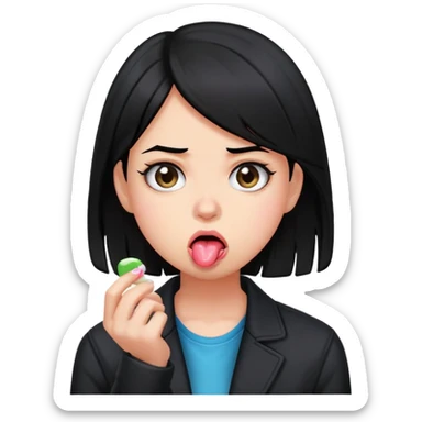 An annoyed girl with black hair and a black jacket is chewing gum while looking annoyed and bored sticker