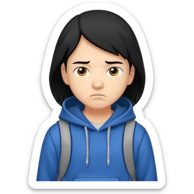 college student with annoyed face , black hair , with hoodie and backpack sticker