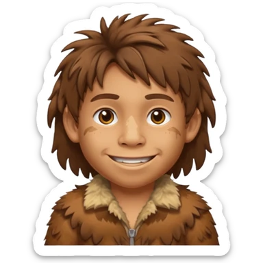 smiling Neanderthal kid with messy hair and animal skin clothing emoji style sticker