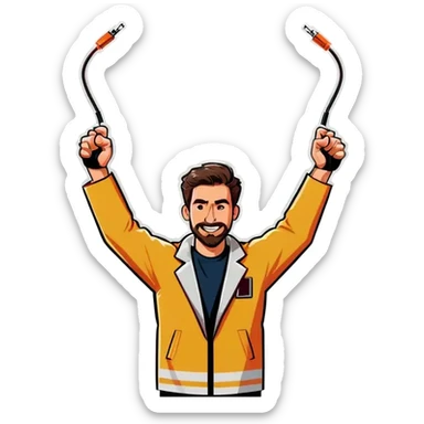 Man holding both arms in the air and holding an electrical cable sticker