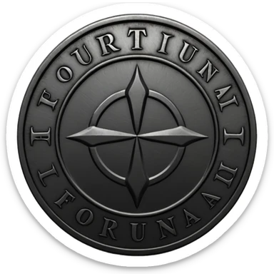 Minimal emoji, gothic metal coin made of black steel, engraved word FORTUNA at the center, ancient industrial aesthetic, worn metal texture, no glow, no neon, flat emoji design, centered, transparent background sticker
