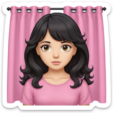 White girl with chest length black wavy hair with curtain bangs, gray eyes, wearing a pink top sticker