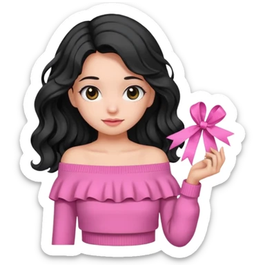 Girl with black wavy little long hair and a ribbon hair clip beside it make it look like wearing a pink off shoulder sweater  sticker