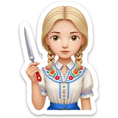 Ukrainian young girl in a white embroidered traditional shirt (vyshyvanka) holding scissors and colored cardboard sticker