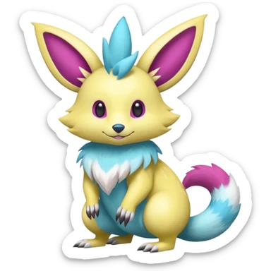 Shiny smooth silky soft Cyan-Yellowish-Magenta Minccino-Zeraora-Emolga-Vernid-Sergal-fusion-hybrid-animal-creature, full body sticker