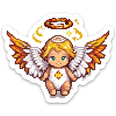 baby fire angel, pixel art, small wings, golden halo, fire elements sticker