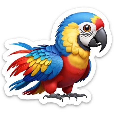 cinematic-macaw-realistic-full-body-standing-emoji,-vibrant-feathers-glowing-with-rich-reds,-blues,-and-yellows,-head-tilted-dramatically,-curved white-beak-gleaming,-piercing-dark-eyes-exuding-confidence,-simplified-yet-realistic-focused sticker