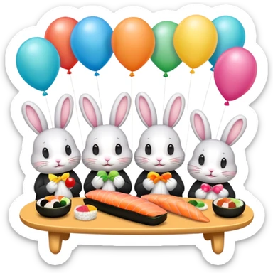 four bunnies together eating sushi at a birthday party, vibrant, balloons, sushi platters, birthday banner, party hats, festive, different poses, emoji style, all four bunnies clearly visible sticker
