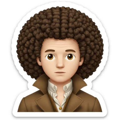 pale man, 1700s, white shirt brown coat, big afro curly hair, not too animated, no jewelry sticker