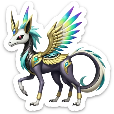 Colorful Shiny Tribal Skeletal masked armored Meloetta-Silvally-Solgaleo-Raikou-Pokémon-Digimon-Fakémon-fusion-hybrid-creature, full body sticker