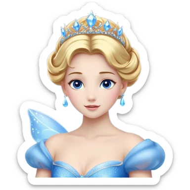 Cinematic Stunning Cinderella Portrait Emoji, Radiant in her sparkling blue ball gown, golden hair in a perfect updo, soft blue eyes full of wonder, glistening tiara, glowing with an ethereal beauty, regal yet kind, a dreamlike aura surrounds her, capturing the essence of a fairy tale princess, elegant and breathtaking! sticker