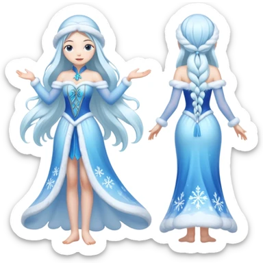 An ice Snow Maiden character with two arms and two legs, full body, front view, back view, side view, three-quarter view, consistent character design, translucent ice material, winter fairy tale style. sticker