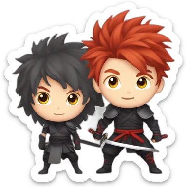 Anime ninja with Red haired young boy with cheeky grin and pointy fluffy hair with a sword in a defense pose sticker