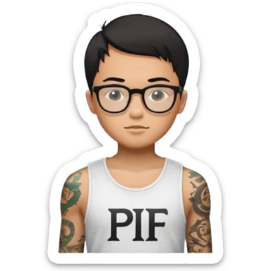 A young boy WITH A laptop, black straight short hair, wearing glasses, wearing a tanktop, has tattoos, he is asian

Add the letters "PIF" floating around him sticker