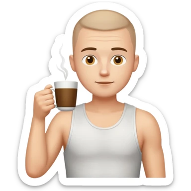 a white short guy wearing a white tank top with a buzz cut drinking a cup of coffee sticker