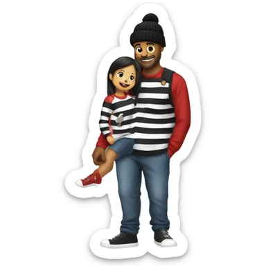 Man in black and white striped long sleeve shirt and black beanie picking up his daughter who is a small kid wearing red shirt with overalls  sticker