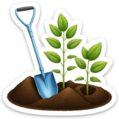 An icon featuring a shovel, a plant symbolizing agronomy. The design includes crops, a field, and a watering can, representing the science of soil management, crop production, and sustainable farming. Transparent background highlights agricultural research and growth. sticker