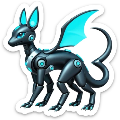 Shiny White Metallic Futuristic Robotic Mechanical Glowing Salandit-Umbreon-Fakémon-hybrid-creature (full body) with cyan accents sticker