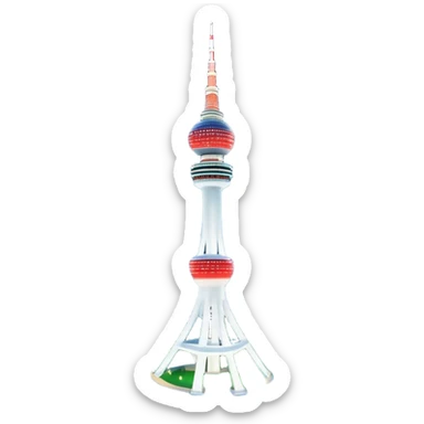 Cinematic Realistic N Seoul Tower Landmark Emoji, featuring the iconic tower perched atop Namsan Mountain, glowing against the night sky with panoramic city lights stretching beyond. sticker