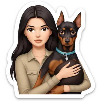 Kendall Jenner with long dark hair holds a Doberman Pinscher in her arms sticker