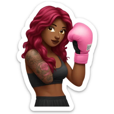 Beautiful tattooed  burgundy long haired woman boxing with pink gloves sticker