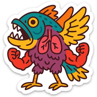 piranha with feathered wings, bird feet, visible lungs, furry body, muscular arms, vibrant cartoon style sticker