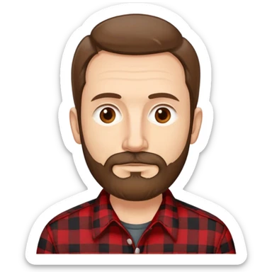 Thin man in his 50s with light complexion. Narrow face with pronounced cheekbones. Unkempt brown hair sticking up in places. Scruffy, uneven brown beard. Wearing a red and black checkered flannel shirt that hangs loosely on his lean body. sticker
