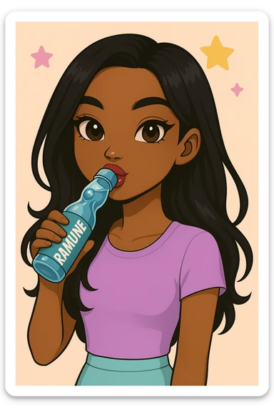 Change her pose to drinking blue Ramune soda from the classic glass bottle, headshot only, 20-year-old anime Bratz style woman with dark skin, straight hair, trendy outfit, big expressive eyes, glossy lips, no hat, no tears, happy expression, both eyes open, looking straight ahead. sticker