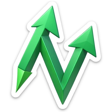 iOS-style 3D emoji: a glossy green arrow curving upward, attached to a jagged rising line chart, with smooth gradients and soft shadow sticker