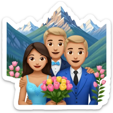 Excited Couple traveling  russian man and elegant  Latina girl delicate flowers and mountains in the background  sticker