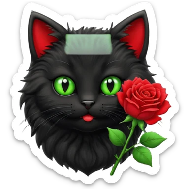 Cute emoji-style black cat holding a red rose in its mouth, big round eyes with light green sclera and black pupils, fluffy fur, clean mascot style, centered, soft beige background, 1:1 ratio. sticker